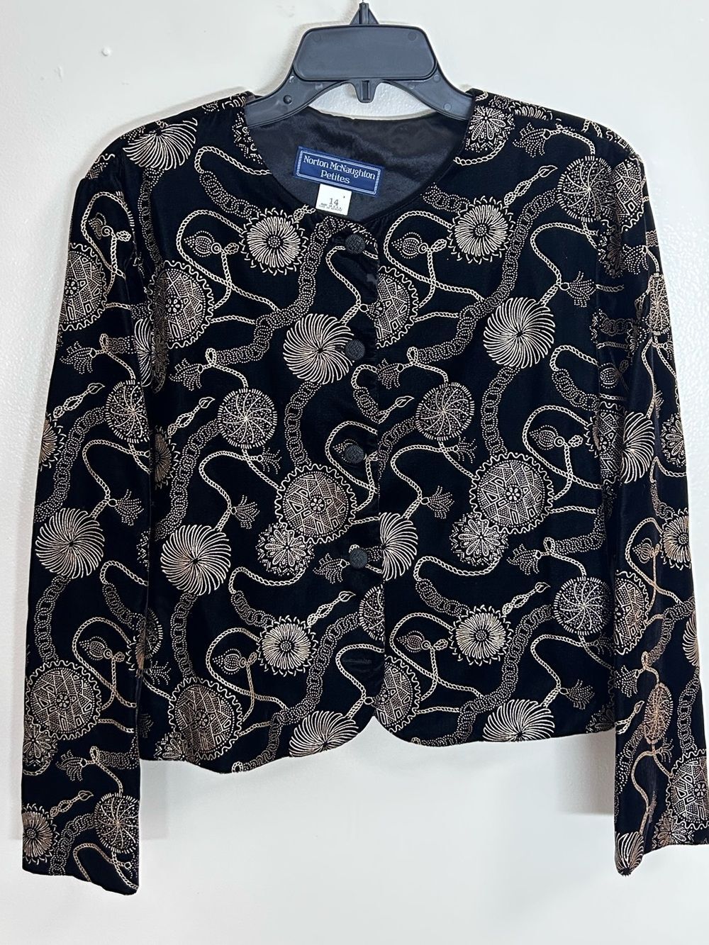 VTG Norton McNaughton Petites Black Velvet Gold Embroidered Jacket Blazer 14P